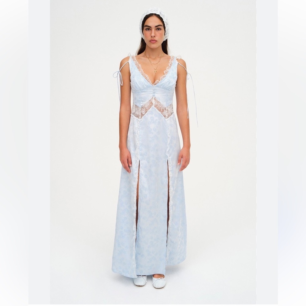 NWT For Love & Lemons Hattie Satin Slip Maxi Dress Blue Floral Lace Size XS